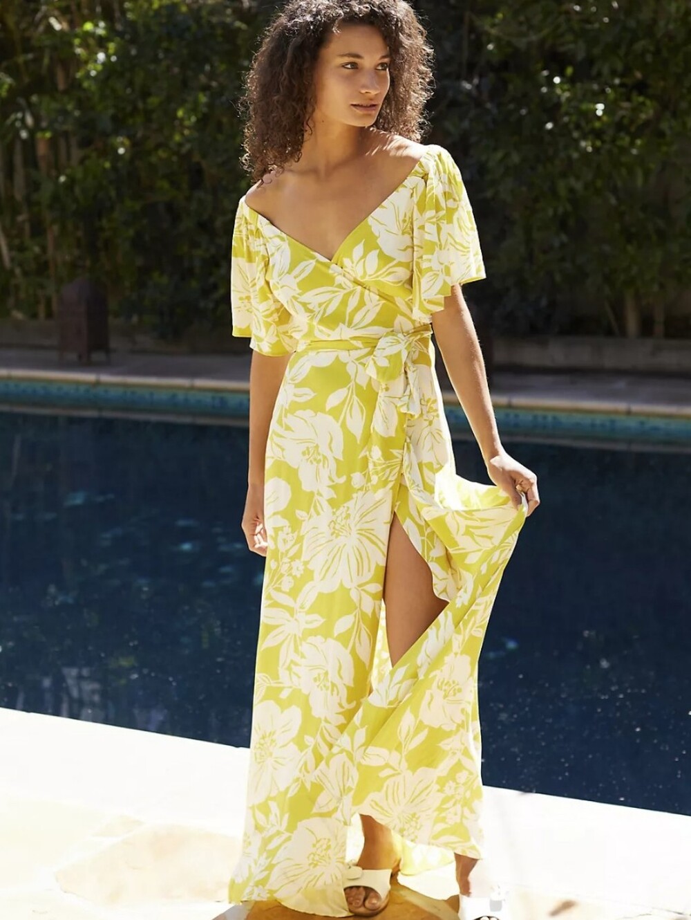 L Space Tropical Wrap Cover-Up Maxi Dress Green Yellow Floral Women's Small
